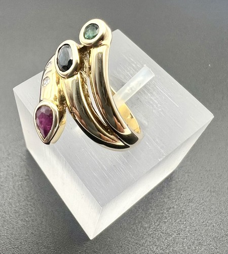 🟦🟥🟩 💎 CADEAUX Ring• Saphire Smaragd • Diamant • 585.Gelbgold 14K • DE 50/10• - Bild 2 von 6
