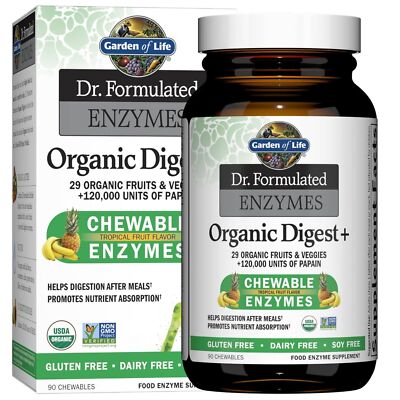 Organic Digest Enzyme Supplement 90 Tablets Tropical Flavor Non GMO Vegan