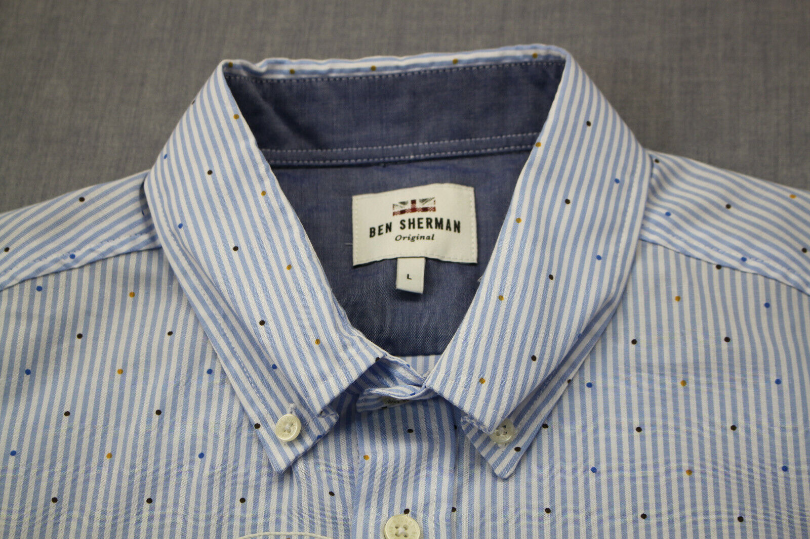nicotina Señuelo Original Ben Sherman Mens Blue & White Stripe Multi-Color Polka Dot SS Button Shirt  NWT L | eBay