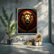 Lion Portrait in Circle Frame Wall Art Poster Canvas Print Picture Home Decor