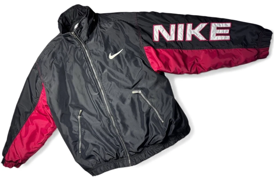 VINTAGE 90s NIKE Big Logo Sleeve Spellout Puffer Jacket Black Pink Y2K Retro M/L - Image 2 of 4