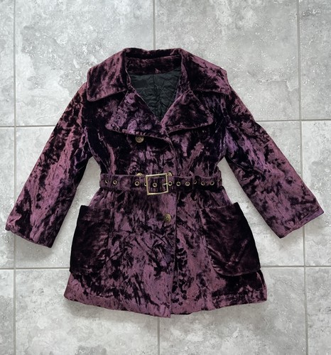 Vintage 60s 70s Button Belted Trench Coat Crushed Velvet Mod Goth y2k Purple S