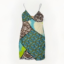 Blue Blush S Patchwork V-Neck Sleeveless Stretch Knit Mini Fitted Bodycon Dress