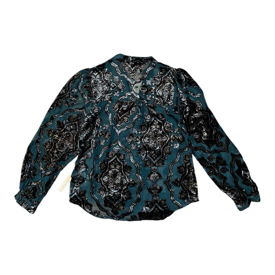 Monsoon Darcy Devore Blouse Top Teal Women’s S V Neck Button Long Sleeve RRP £75 - Image 2 of 4