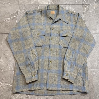 Vintage 50s Drayton Loop Collar Button Up Shadow Plaid 100% Wool Size M