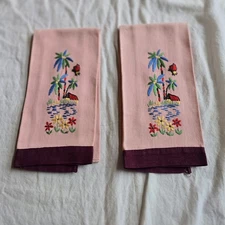 Vintage Hand Embroidered Tropical Scene Linens – Pink Cotton Towels or Runners,