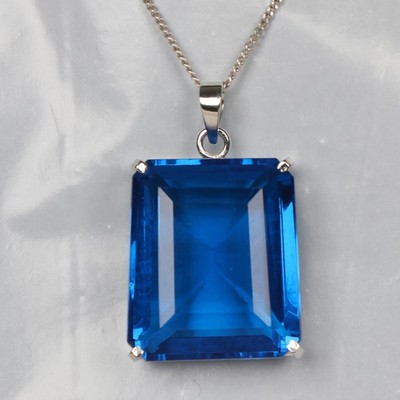 Dark Blue Topaz 925 Silver Emerald Cut Pendant 87 Carat Hydrothermal for Office