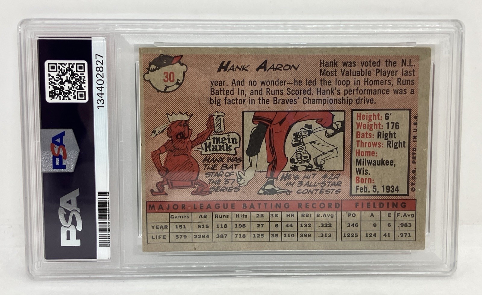 1958 Topps #30 Hank Aaron PSA 4 - White Name view 6