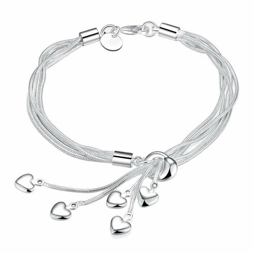 Medium Heart Charms Silver Plated Multi Strand Bracelet for Women & Girls