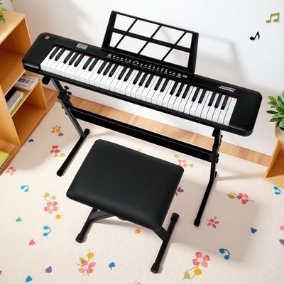 61-Key Light-Up Piano Digital Keyboard Set - Bench Z-Stand Mic Headphones Black