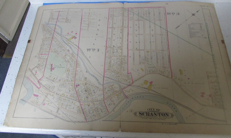 1898 SCRANTON PA ATLAS PLATE 10 (WARD 1 &3)  / CANVAS BACKED - 32 X 22 INCHES