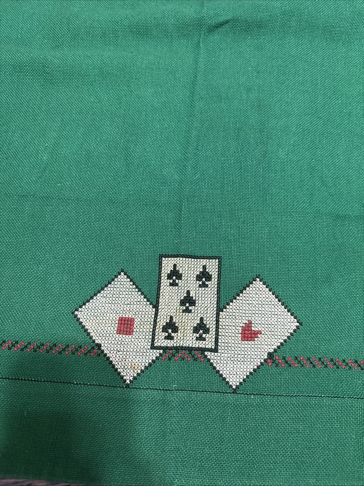 Vintage Poker Card Table Cover Green With Hand Stitched Playing Cards 38x38 - Image 3 of 4