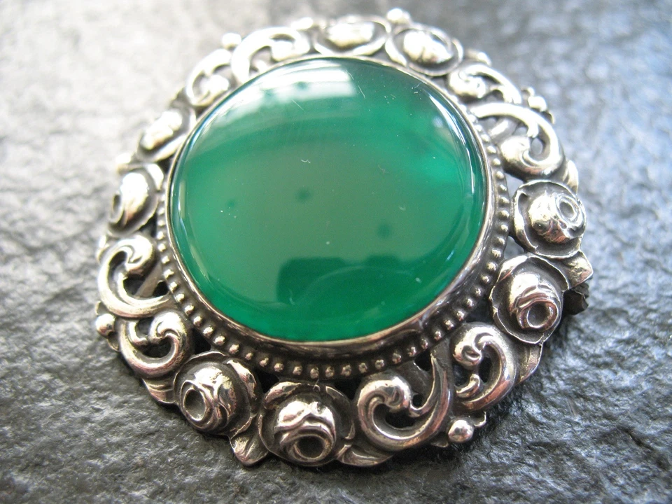 Brosche Silber 800 Jugendstil von ca. 1910 mit Grünachat Edelstein - Bild 2 von 4