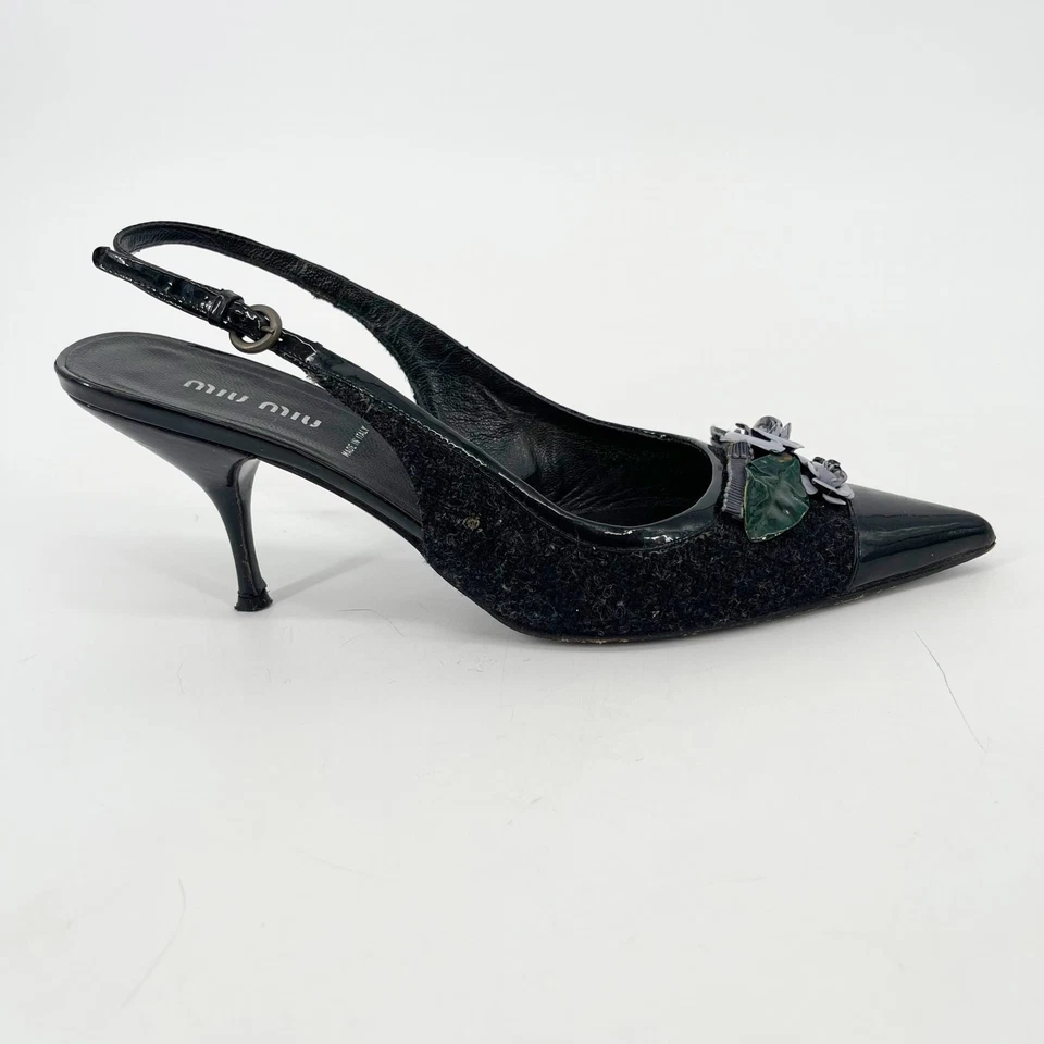 Miu Miu Vintage Charcoal Wool Black Cap Toe Floral Applique Slingback Heel IT 38 - Image 2 of 4