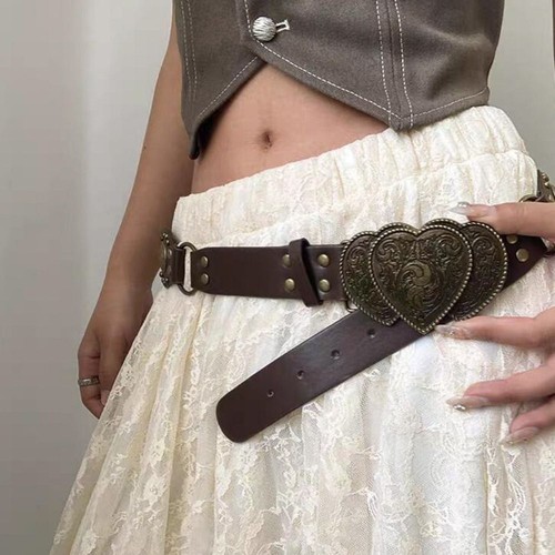 Metal Buckle PU Leather Belt Hollow Heavy Duty Belt Wide Waistband  Y2K Fashion - Picture 9 of 14