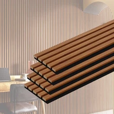 Wood Slat Acoustic Wall Panels, 4-Pack 94.5'' x 7.9'' 3D Fluted Sound Absorbi...