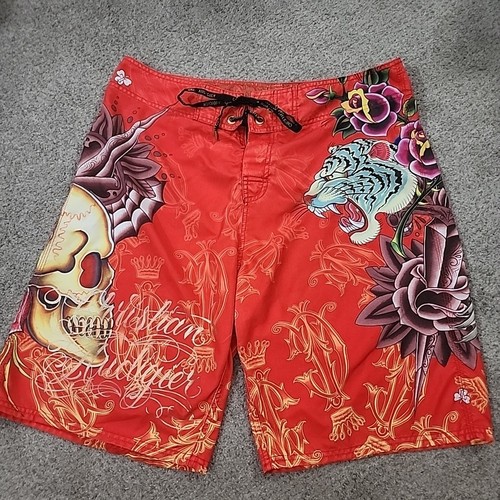 Maillot De Bain Short Ed Hardy Surf Or Die - Taille 33, Motifs Tatouage Vintage - Occasion Très Bon état