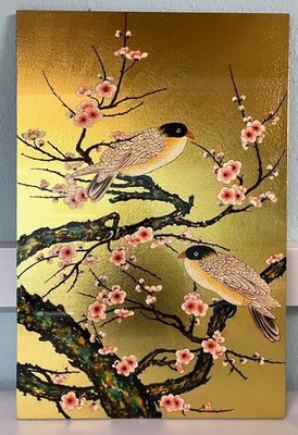 Orientalisches lackiertes handgefertigtes Gemälde Vögel Blüten Blumen 60 cm x 40 cm
