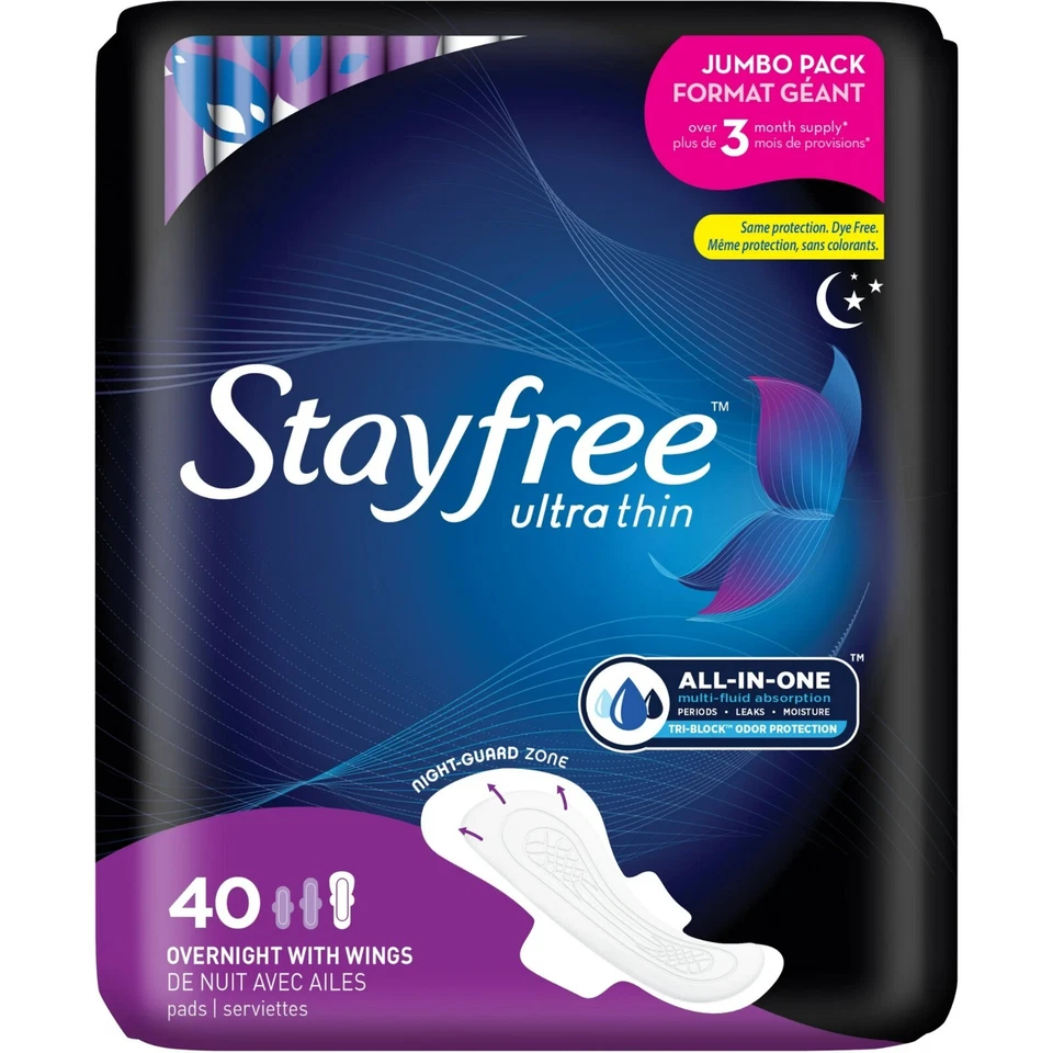 Almohadillas para pasar la noche ultrafinas Stayfree con alas, 40 quilates, absorción de múltiples fluidos Foto 2 de 4