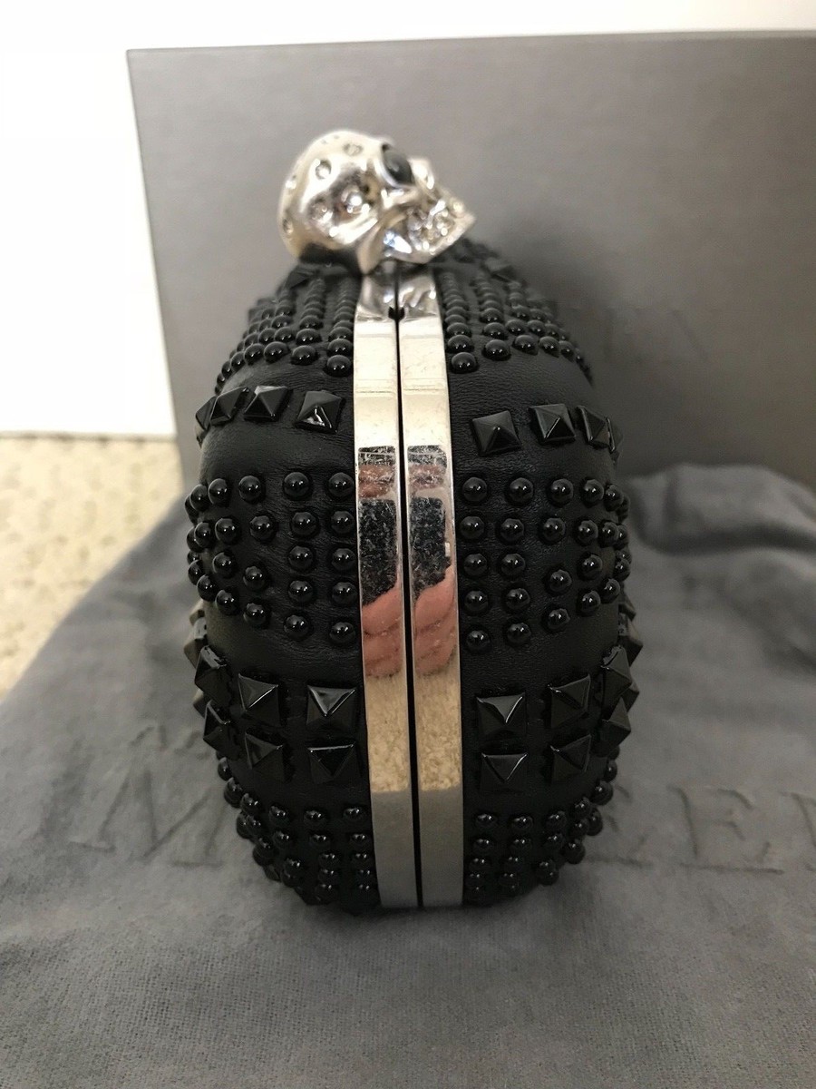 NIB Alexander McQueen Black Studded Union Jack Skull Clutch Bag