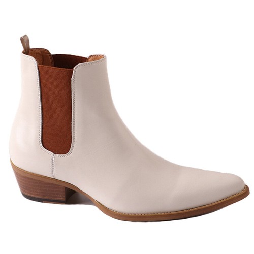 Mens Real Leather Pointy Toe Chelsea Ankle Boots Cuban Heel Cowboy British Beige - Picture 2 of 12