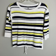 Talbots T by Talbots Striped Sweater-Navy Yellow White-3/4 Sleeves-Petite S