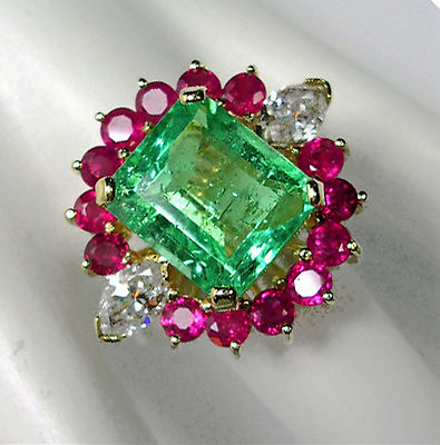 EGL Certified Colombian Emerald Diamond & Ruby Cluster Cocktail Ring