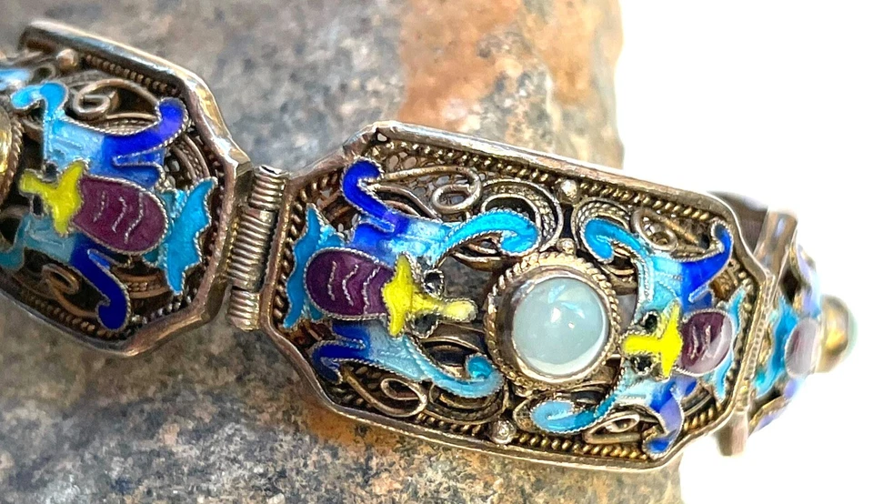 Antiguo Brazalete de Exportación China Jade Plata Filigrana Oro Esmalte Dorado ~ ¡Perfecto! Foto 3 de 4