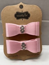 Mud Pie Set of 2 LIGHT PINK Satin Jeweled Bow Hair Clips 3" NWT
