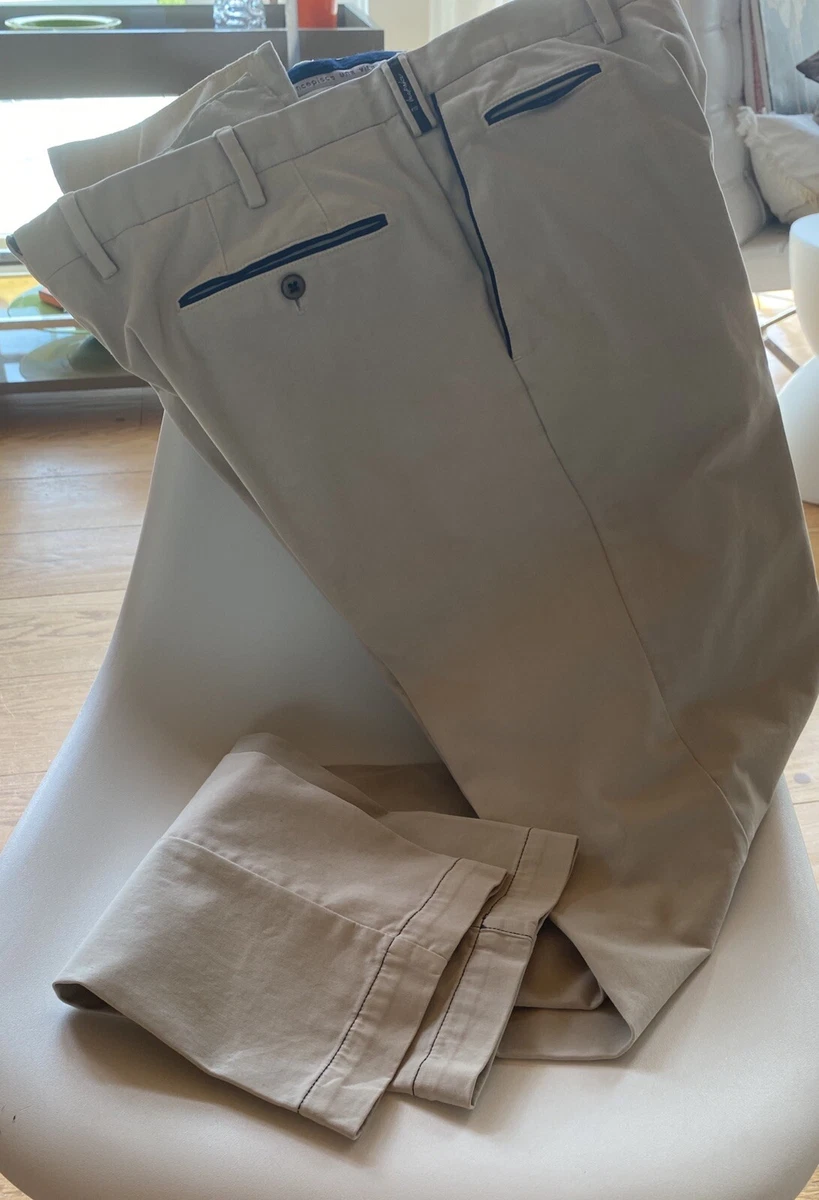 Italian PTO1 mens pants Cream Color with Midnight Blue trim Cotton Gabardine S50