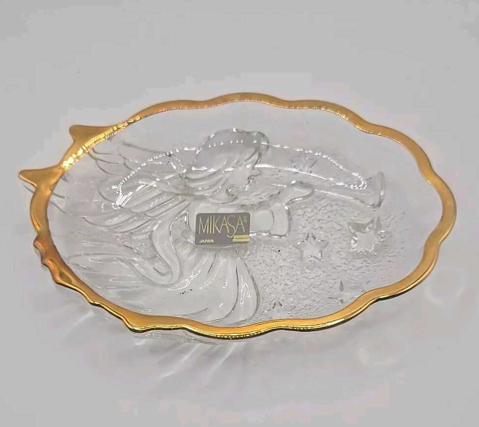Mikasa Crystal Glass Angel Gold Trim Small Candy Dish Holiday Christmas