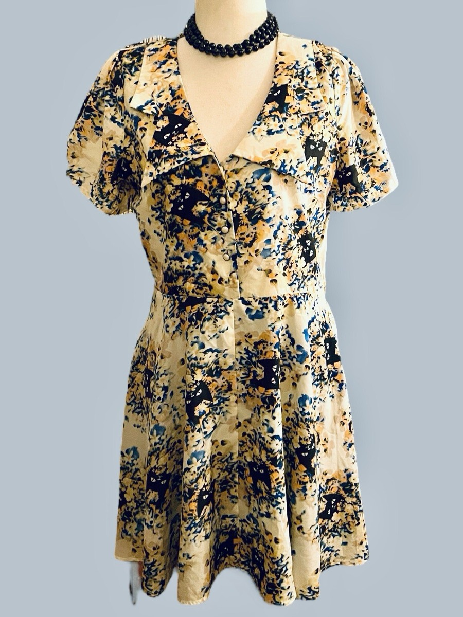 princess highway cat dress Princess Highway Dress Black Cat Floral Print Knee Length Satin Pearl  Buttons M