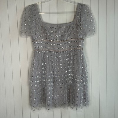 self portrait tiered sequin mini dress Self-Portrait Dresses | Self Portrait Size 10 Cluster Sequin Tiered Mini Dress Gray Square Neck New | Color: Gray | Size: 10