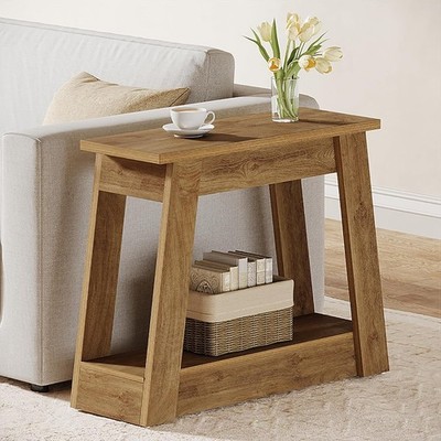 Wood End Table, Narrow Small Side Table with 2 Storage Shelves for Living Room