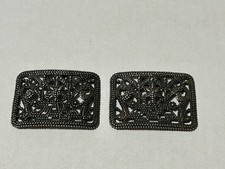 Vintage Pair of Silver Tone  Black Rectangle Floral Cut Out Design Shoe Clips