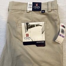 CHAPS Microfiber Pants Mens 38x29Beige Performance Golf Flat Front Comfort