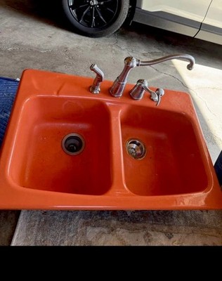 Vintage Burnt Orange Cast Iron Sink With Faucet 