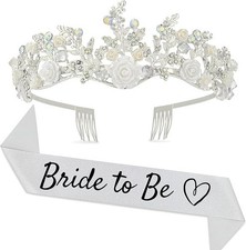 ZIPOKA Bridal Sash and Silver Colored White Rose Tiara Set, New
