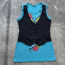 Vintage Y2K Ed Hardy Type Built-In Vest Floral Glitter Thermal Sleeveless Shirt