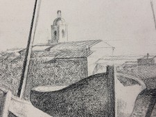 Beautiful old drawing Jean Terles marine boat dry dock paper carrier 1930