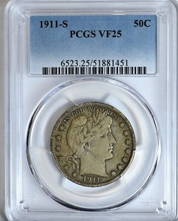 1911 S BARBER Half Dollar VF25 PCGS Graded 6523 Silver 50 Cents Nice Coin Golden