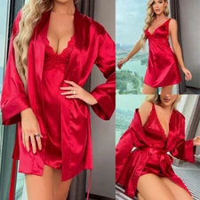 Women Lingerie Sexy Silk Robe Slip Dress Sets Babydoll Teddy Nightgown Sleepwear