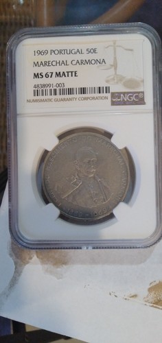Portugal 1969 "Marechal Carmona" 50E silver coin NGC MS67 MATTE LOW MINTAGE