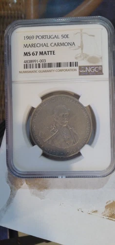 Portugal 1969 "Marechal Carmona" 50E silver coin NGC MS67 MATTE LOW MINTAGE