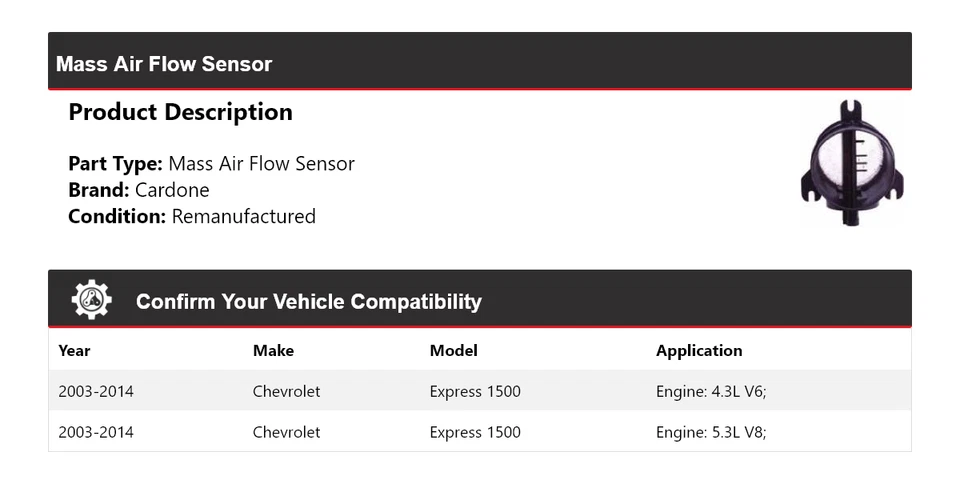 Sensor de fluxo de ar em massa Cardone 2004 2005 2006 Chevrolet Express 1500 2003-2014 - Imagem 2 de 4
