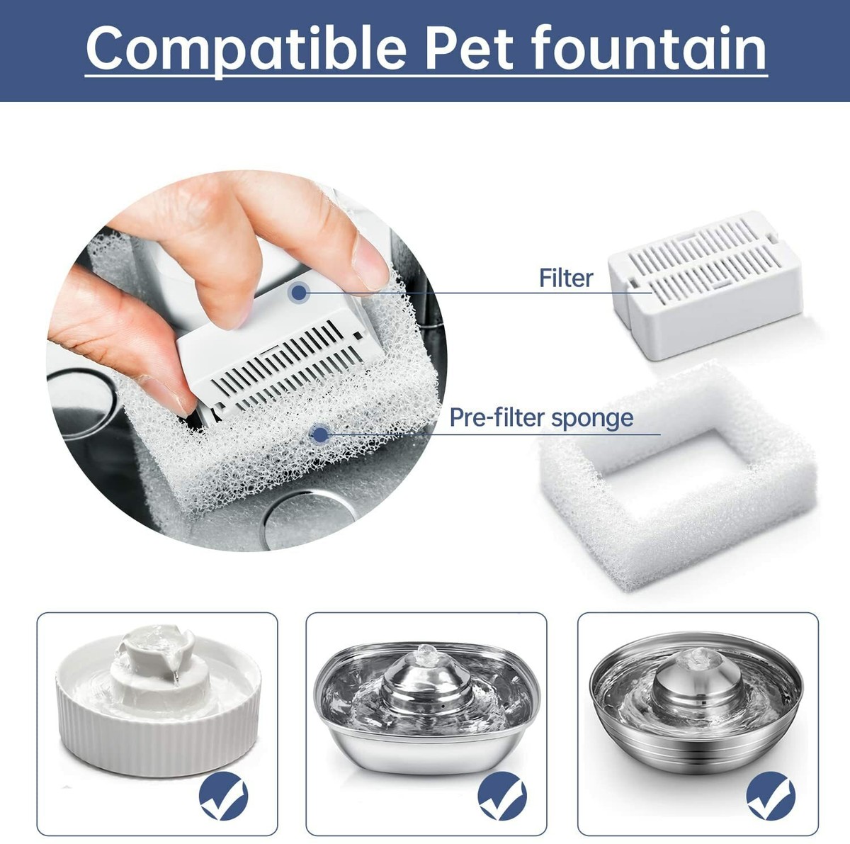 6-Pack Cat Fountain Filters With Pre-Filter Foam - Carbon Water Filters For Pet Fountains