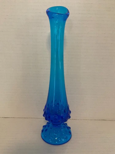 Vintage Fenton Blue Glass Swung Hobnail Bud Vase 9.5"