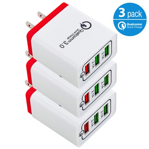 3-Pack USB Home Wall Fast Charger QC 3.0 for Cell Phone iPhone Samsung Android