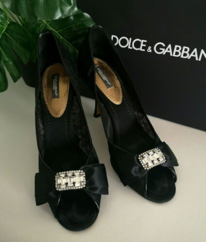 Dolce&Gabbana Bellucci Black Lace and Rhinestone Bow Pumps Size UK6 RRP £620.00 - Picture 1 of 11