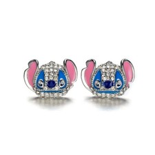 Girls Disney Parks Jewelry Stitch 925 Silver Plated Iced CZ Earrings Stud Set